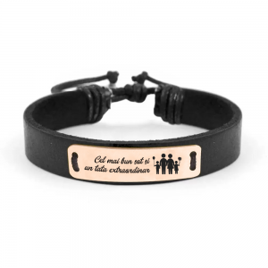 Bratara argint tablita 30 mm si piele - personalizata cu text - placat cu aur roz